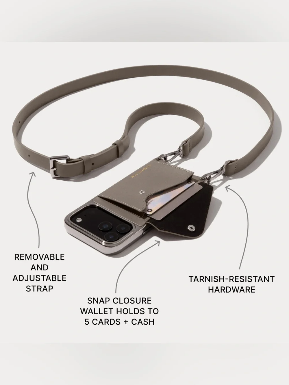 BANDOLIER Hailey Phone Case Strap Warm Gray Antique Silver hardware iPhone 17